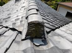 屋根　棟止まり部　漆喰　剥がれ　棟土　水　吸っている　コケ生える