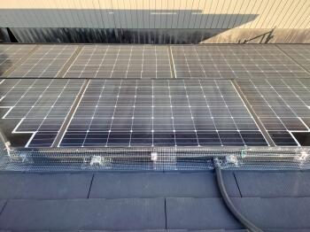 対策工事　屋根　太陽光ﾊﾟﾈﾙ　ステンレス網　取付　完了　東面　棟側